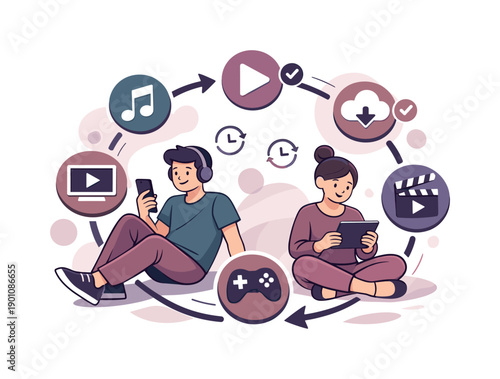 Digital service subscriptions. Apps and platforms renewing automatically, sync icons and smooth loops