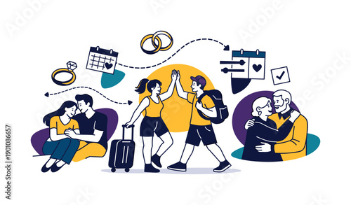 Changing commitment. Rings, calendars, and flexible timelines floating around couples at different stages of