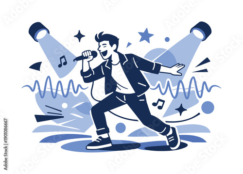 Singing competitions and talent shows. Performer on a bright stage holding a microphone, spotlight beams and