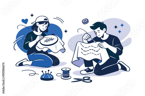 Soft textile customization. Needlework adds subtle patterns to crisp fabric, gentle motion lines showing care.