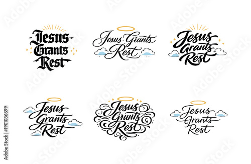 Jesus Grants Rest. Create a calligraphy lettering illustration of the phrase: Jesus Grants Rest. Render 6