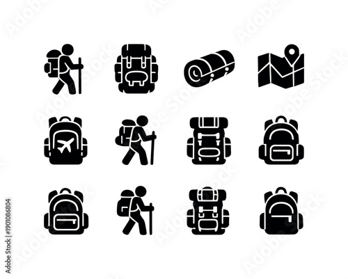 Travel and backpacking. Filled icon set of Travel and backpacking: traveler with backpack, large travel pack,