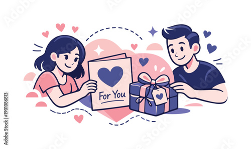 Personalized gifts. Handmade card and small present wrapped together, hearts and lines emphasizing care and