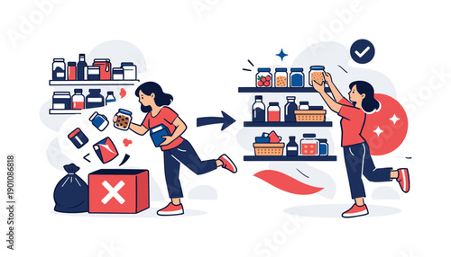 Decluttering food storage. Person removing unnecessary items, shelves becoming lighter and more structured.