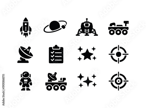 Moon exploration missions. Filled icon set of Moon exploration missions: rocket launch, lunar orbit path,