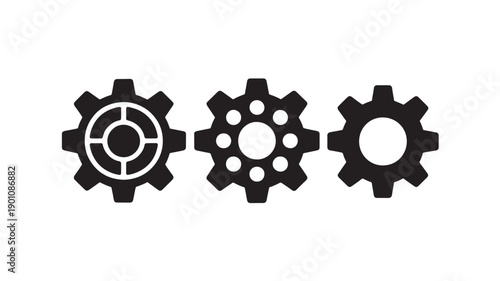 Interconnected black gears in minimalist style with bold lines and simple shapes in monochromatic color scheme for business and industry