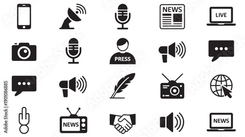 Black news icons set in flat style for media and journalism