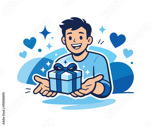 Giving with joy. Person handing over a gift with open gesture, soft sparkles and hearts emphasizing generosity