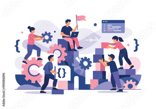 Open-source organization. Contributors building abstract structures together, gears and code brackets blending