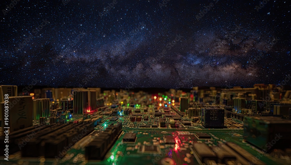 Obraz premium Circuit board cityscape illuminated by starlight, a futuristic miniature metropolis