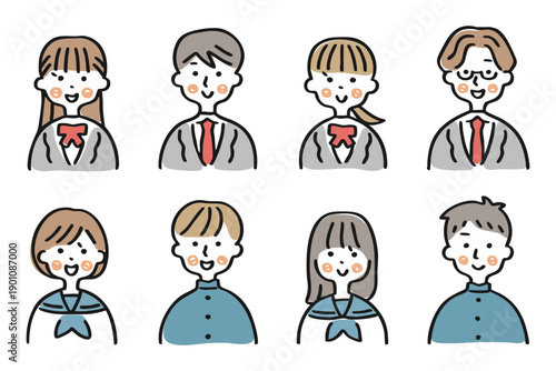 男女の学生の上半身アイコンセット①笑顔