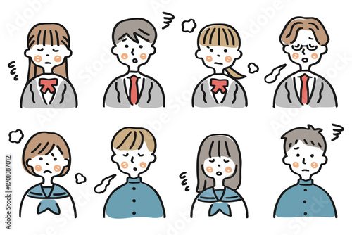 男女の学生の上半身アイコンセット①もやもや