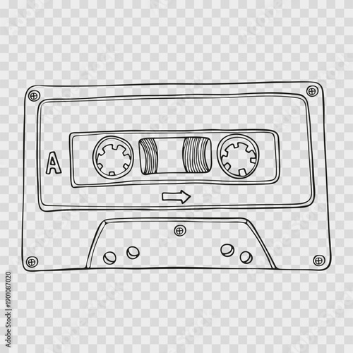 Hand-drawn symbol of storing old audio music on cassette tape. Vector illustration.
