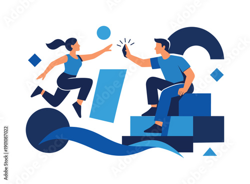 Modern art styles. Bold geometric forms and simplified figures interacting with color blocks and sharp