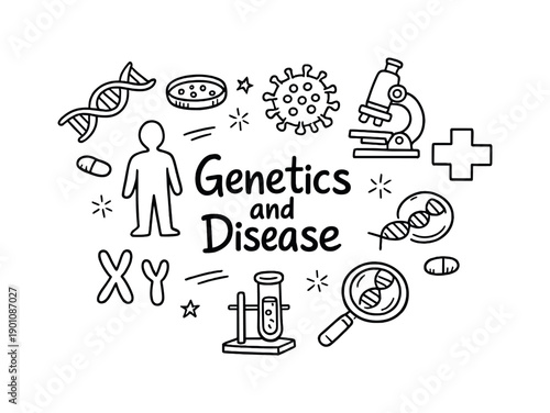 Genetics and Disease. Hand-drawn doodle illustration of Genetics and Disease. DNA helix, microscope, human