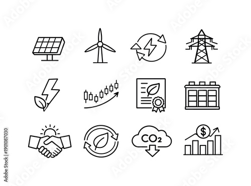 Renewable Energy Trading. Line outline icon set of Renewable Energy Trading: solar panel, wind turbine, energy