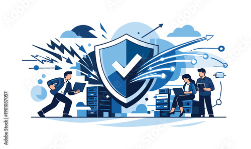 Cyber resilience. Digital shield protecting servers and networks, data streams bouncing back after an attack.