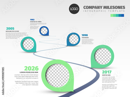 Visualise your business history with this company milestones infographic template, just add your photos to photo placeholders. This company milestones layout is ideal for your reports.