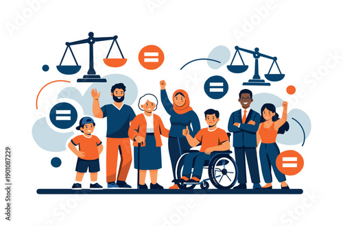 Unity in Diversity. Equality for all. People of different ages and backgrounds standing on the same level,