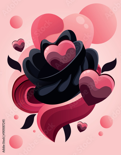 Black rose with pink hearts background