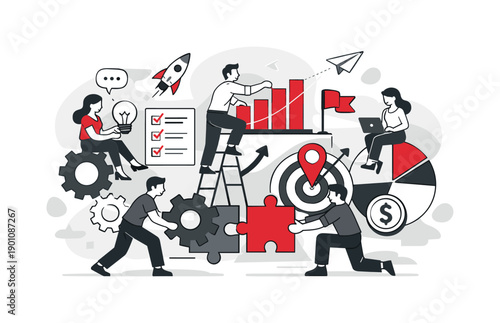 Building a business. Entrepreneur assembling abstract charts, gears, and icons, teamwork and structure forming