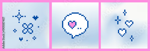 Set of 3 square romantic cloud backgrounds with soft translucent clouds, pixel sparkles, heart elements, speech bubble with heart icon. Light airy Valentine backdrops for romantic social media posts