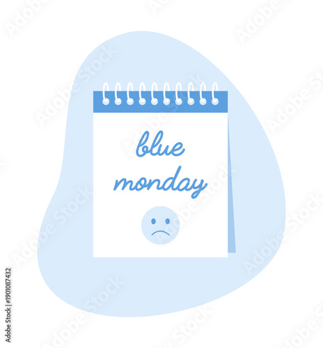 Daily calendar with text blue monday and sad smiley face on sheet, flat vector illustration