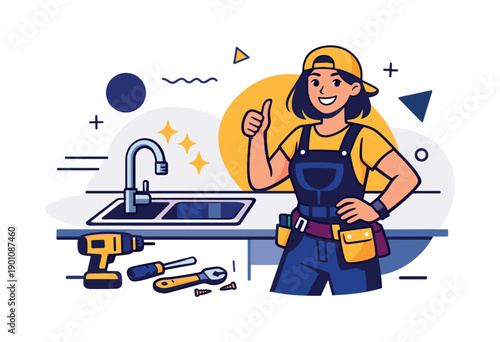 Proud Sink Installation. Home improvement moment. Person standing proudly beside a newly installed kitchen