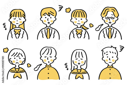 男女の学生の上半身アイコンセット②もやもや