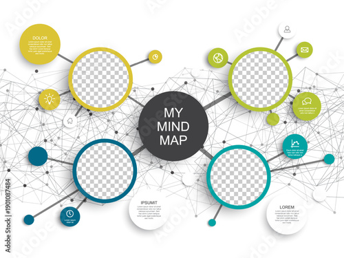 This creative mind map template with photo placeholders features a complex network connection background for brainstorming sessions. Mind map to visualize a data-driven network connection strategy.