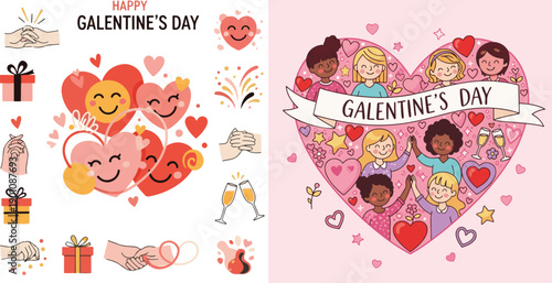 Two colorful vector designs for Galentine's Day. Left: Smiling heart faces with icons of gifts and toasts. Right: A diverse group of female friends high-fiving inside a large pink heart.