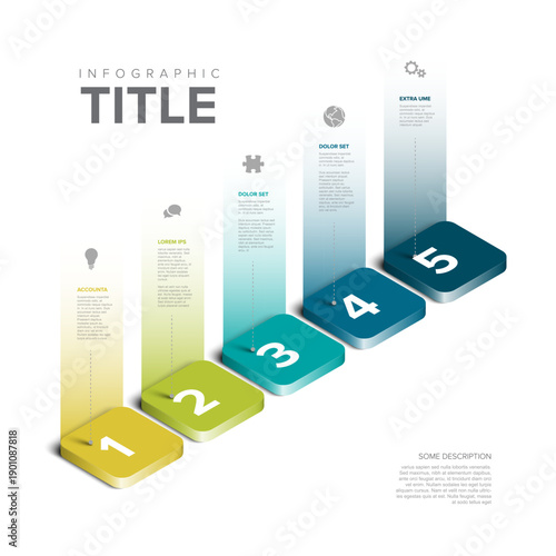 Professional 5 step infographic design using colorful buttons. Each step infographic includes numbered elements to visualize the process and business step clearly and effectively.