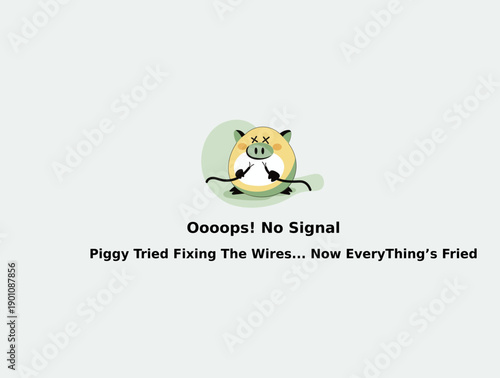 Cute Pig Error Illustration with No Signal Message, Funny Tech Failure Concept, Flat Cartoon Mascot for App UI, Website Error Page, and Digital Communication Vector