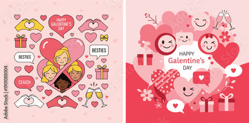 Two vibrant pink and red Galentine's Day sticker sets featuring smiling female friends, "BESTIES" speech bubbles, gifts, champagne toasts, and various heart-shaped emoji characters.