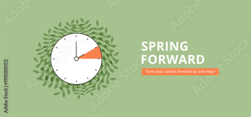 Summer time. Spring Forward banner template. Daylight Saving Time Starts. Reminder text to change clock 1 hour ahead. Minimalist flat style summertime concept with leaves