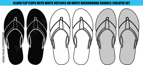 Black flip flops with white outlines on white background sandals isolated set