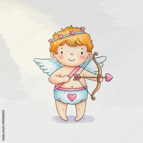 Charming illustration of a cute valentine Cupid character with wings and a bow and arrow, ready to spread love