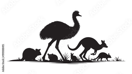 Silhouette of ostrich, kangaroo, and wallabies in grassy field in dark monochrome for wildlife illustration