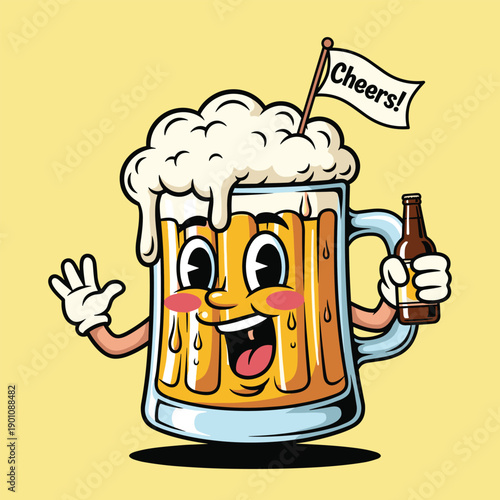 A cheerful cartoon beer mug waves hello while holding a smaller bottle and a lit match