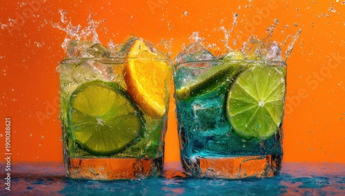 Two refreshing cocktails with citrus slices and ice splash