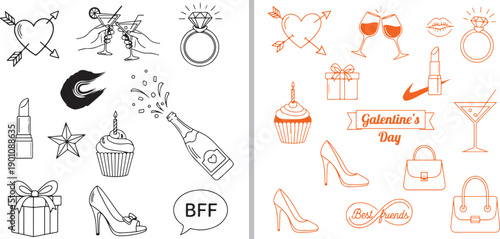 A diverse collection of celebratory vector icons featuring high heels, champagne, cupcakes, rings, and hearts. Includes "BFF," "Best Friends," and "Galentine’s Day" text in black and orange.