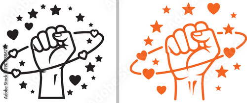 Two vector illustrations of a raised fist: the left is a bold black silhouette with orbiting hearts and stars; the right is an orange line-art version with similar celestial decorations.
