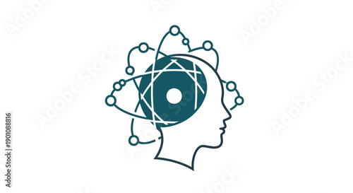 Teal line illustration of a woman's head in profile with a stylized atom and connected nodes inside, representing women in science on Women's Day.