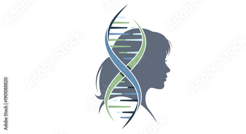 A gray silhouette of a woman's head with a colorful DNA double helix overlapping it, on a white background, symbolizing women in science.
