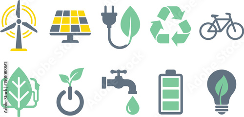 Modern sustainability and clean energy symbols set with 10 elements mint green slate grey bright yellow wind turbine solar panel electric plug recycling bicycle bio fuel battery lightbulb flat vector