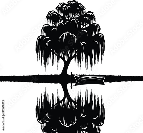 majestic willow tree overhanging a calm lake with a small wooden rowboat
