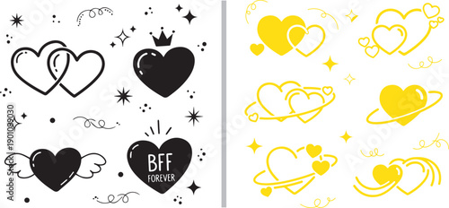 Two sets of heart-themed stickers and icons: the left features black hearts with a crown, wings, and "BFF FOREVER" text; the right shows yellow hearts with planetary rings and sparkles.