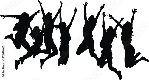 Silhouettes of eight people jumping with raised arms celebrating joy, freedom, and group unity