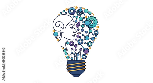 Illustration of a woman's face made of colorful gears and cogs in a lightbulb shape, symbolizing women in science on Women's Day, with a design element on a white background.