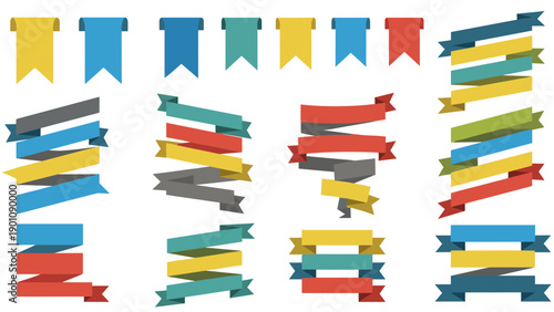 Colorful ribbons and banners in various shapes and sizes isolated on white background